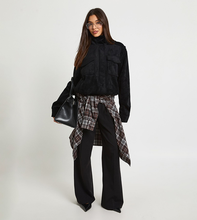 Funnel Neck Suede Pocket Detail Jacket