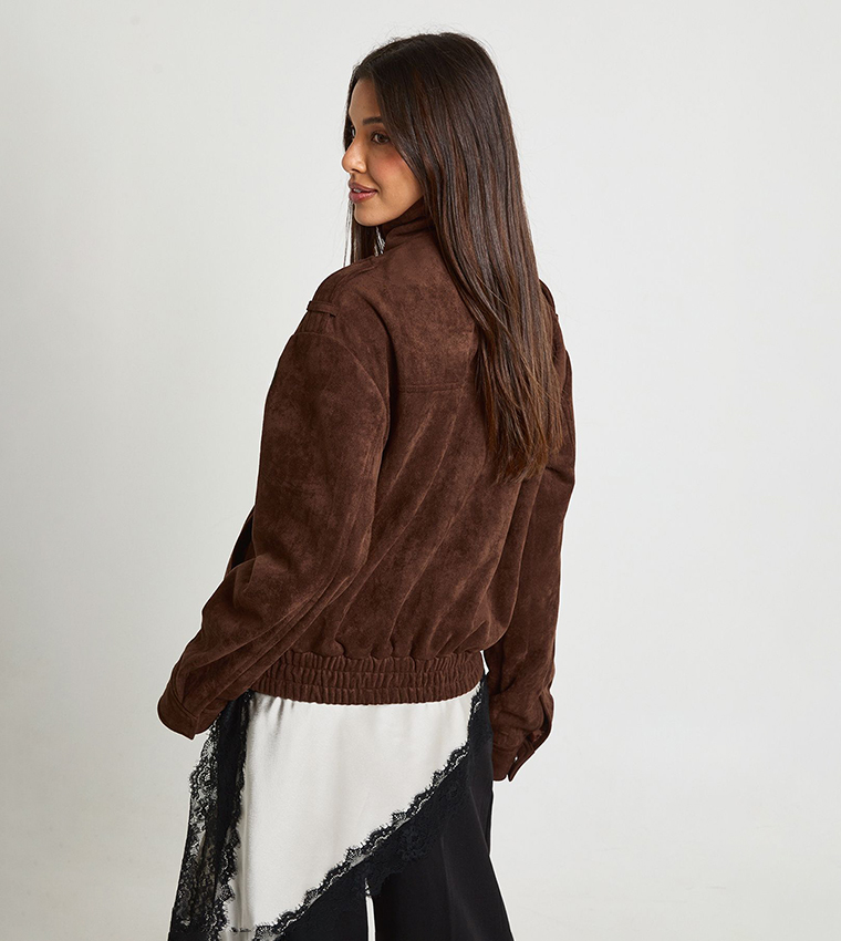 Funnel Neck Suede Pocket Detail Jacket