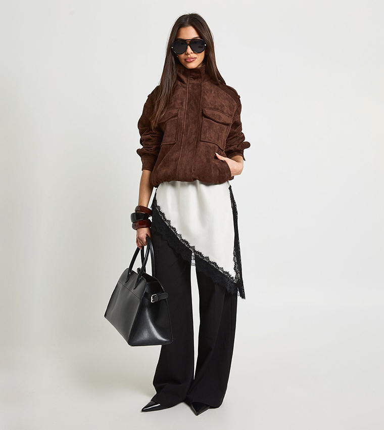 Funnel Neck Suede Pocket Detail Jacket