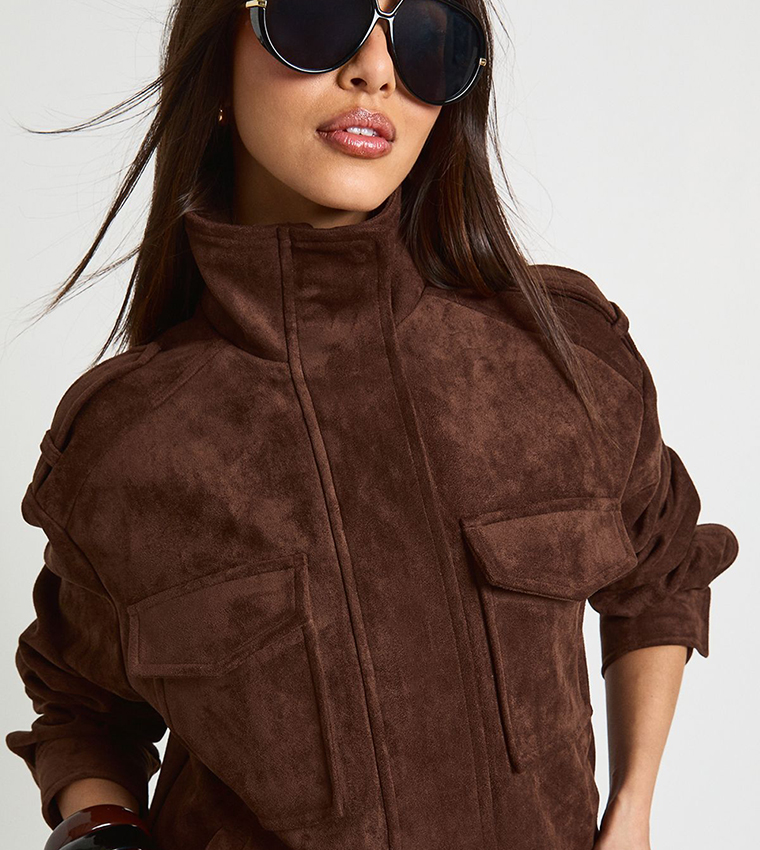 Funnel Neck Suede Pocket Detail Jacket
