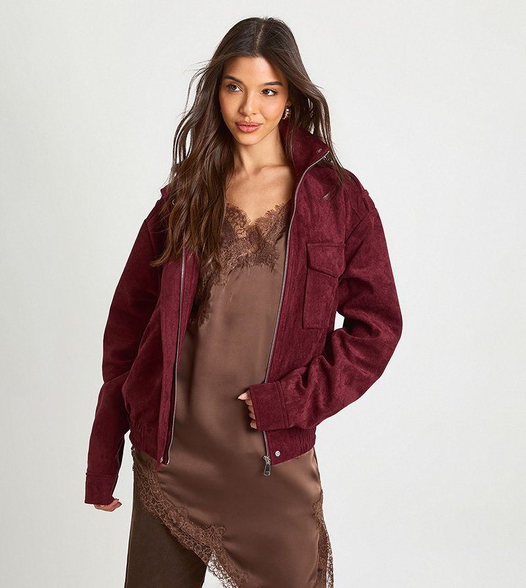 Funnel Neck Suede Pocket Detail Jacket