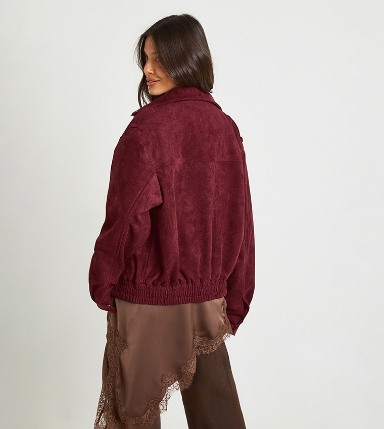 Funnel Neck Suede Pocket Detail Jacket