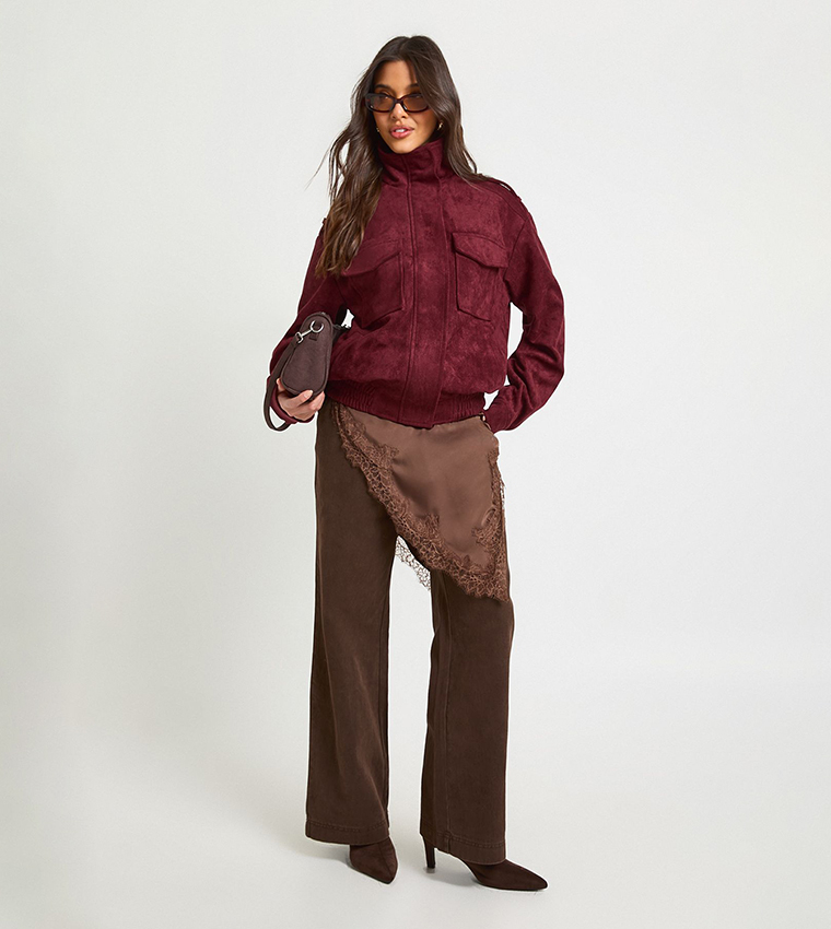 Funnel Neck Suede Pocket Detail Jacket