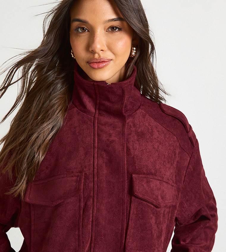 Funnel Neck Suede Pocket Detail Jacket