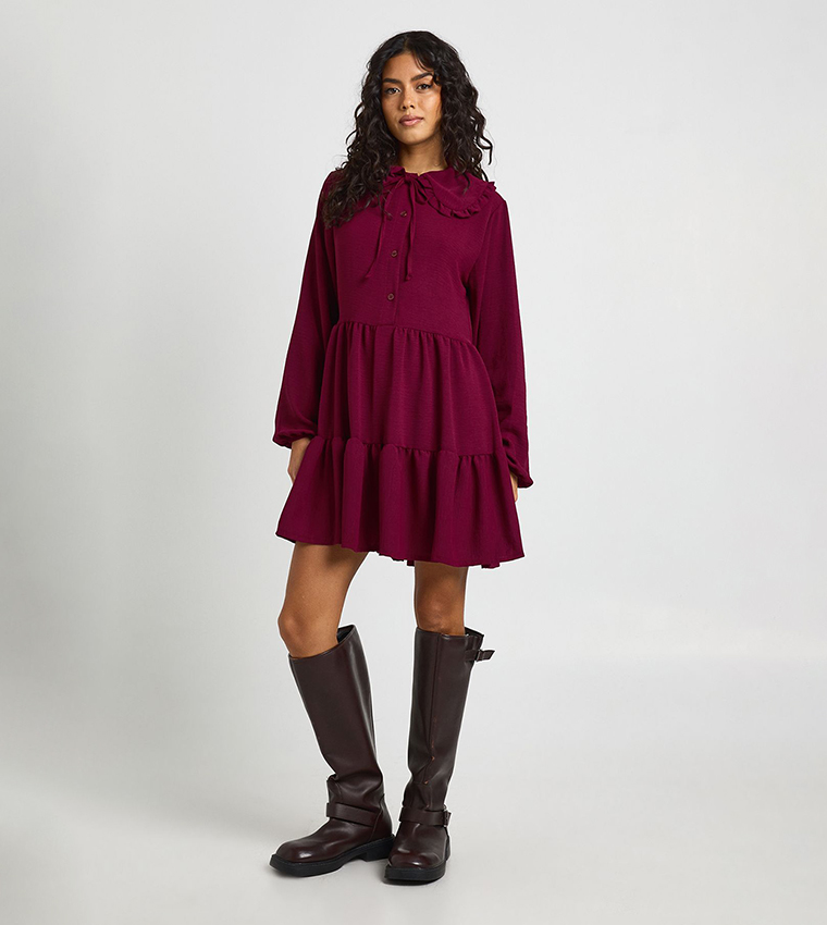 Hammered Ruffle Collar Smock Mini Dress