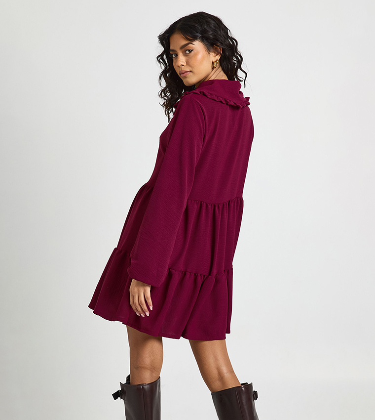Hammered Ruffle Collar Smock Mini Dress