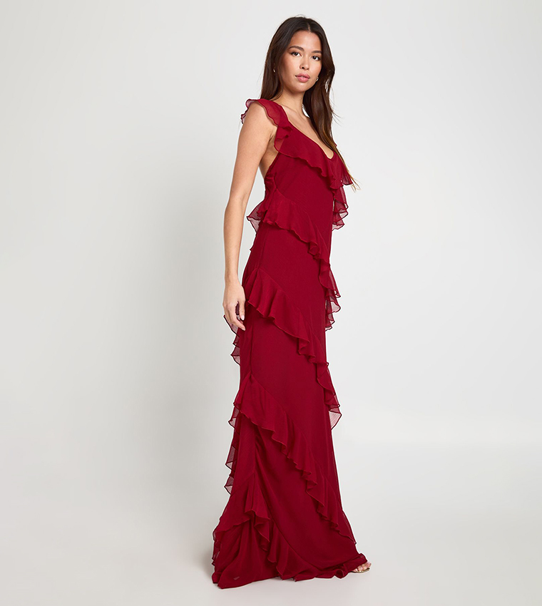 sachin and babi light blue dress Ruffled silk chiffon gown in red - The Sei