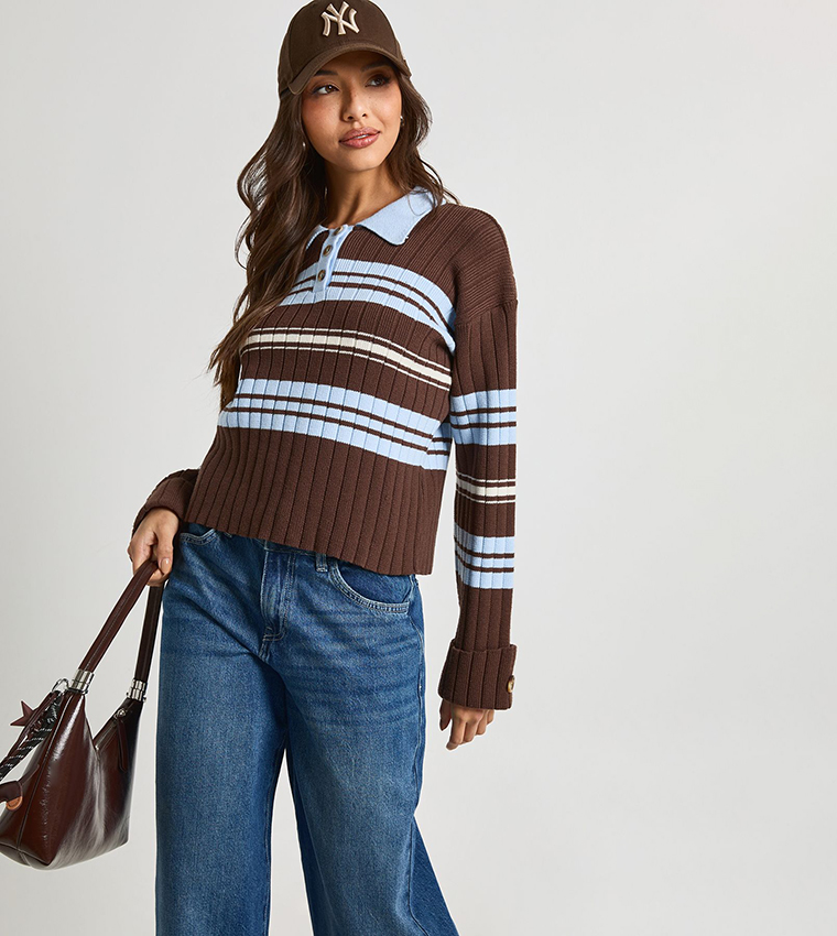 Striped Long Sleeves Collared Knitted Sweater