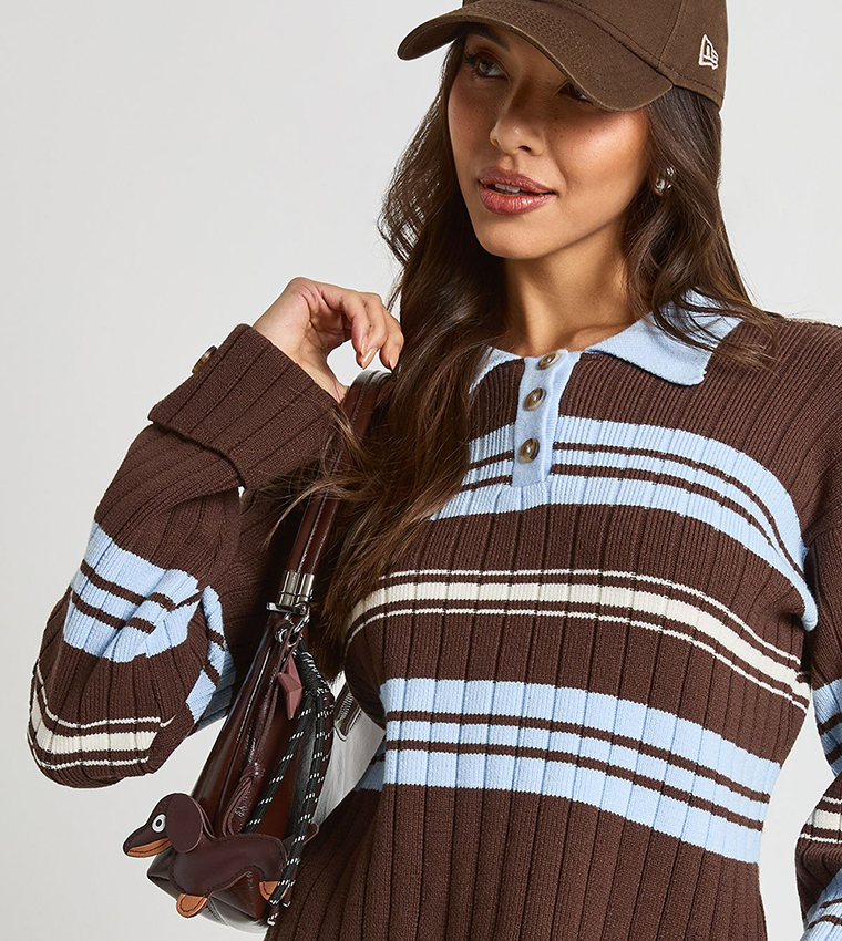 Striped Long Sleeves Collared Knitted Sweater