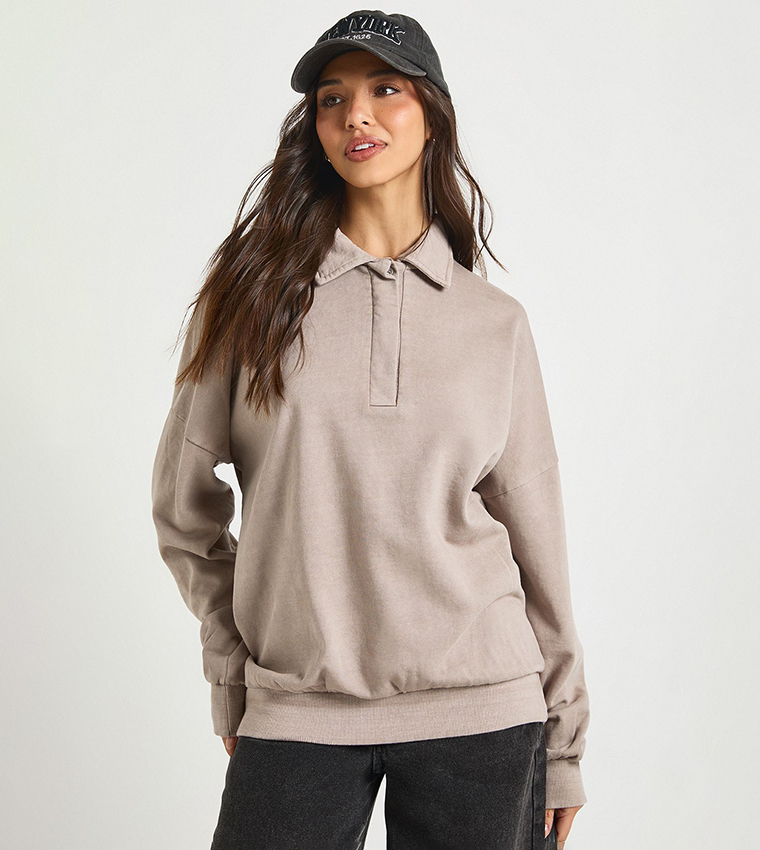 Washed Long Sleeves Rugby Sweatshirt