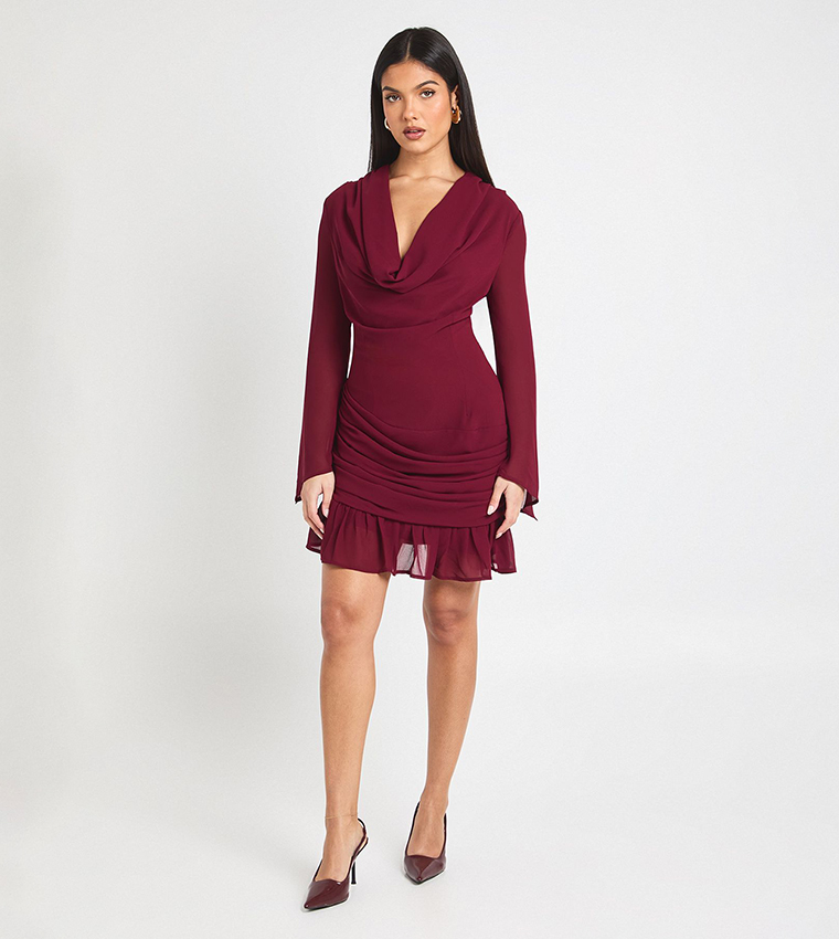 Cowl Long Sleeves Mini Dress