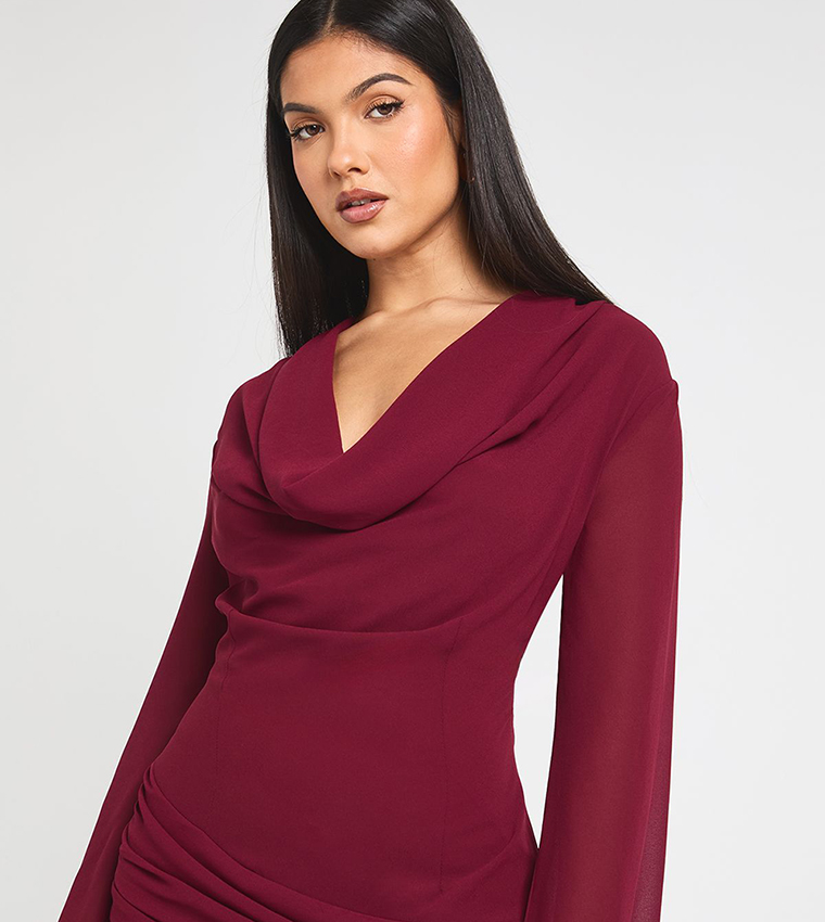 Cowl Long Sleeves Mini Dress