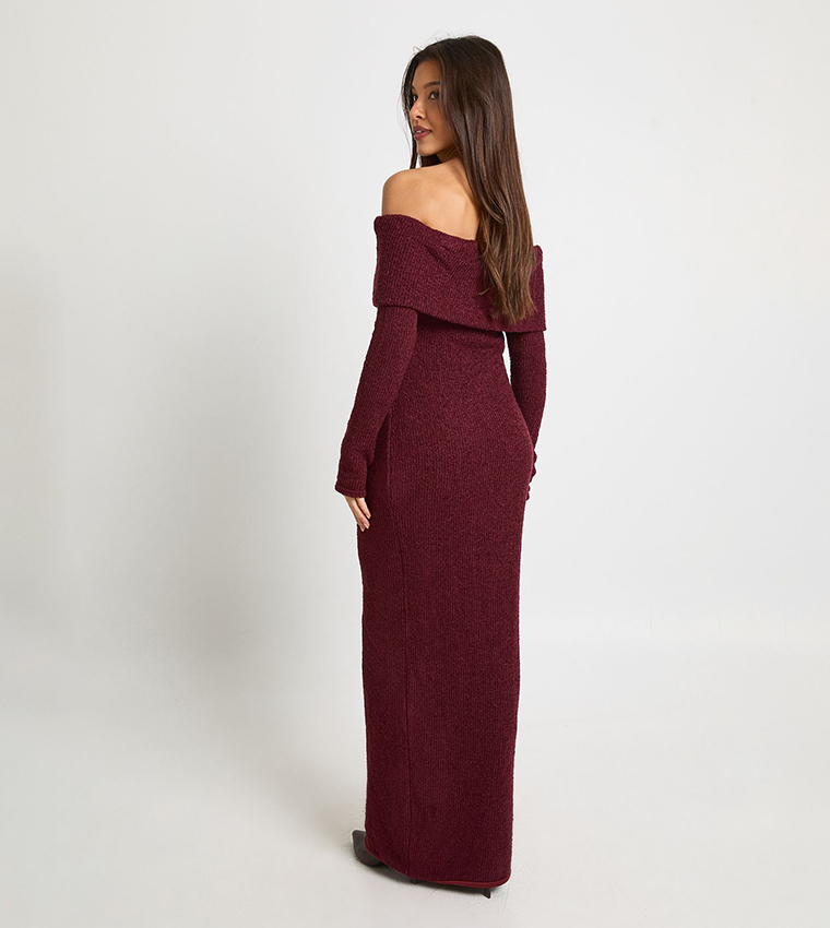 Textured Deep Bardot Maxi Dress