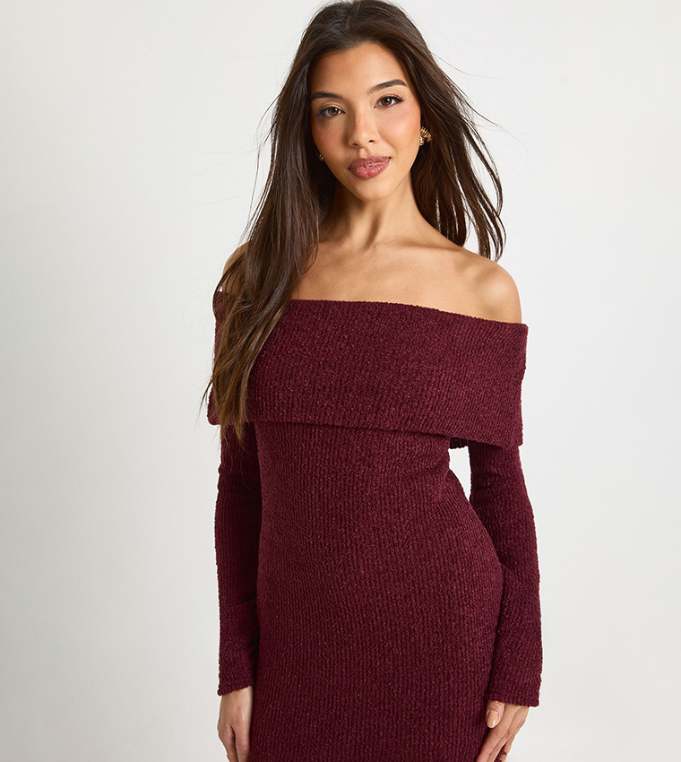 Textured Deep Bardot Maxi Dress