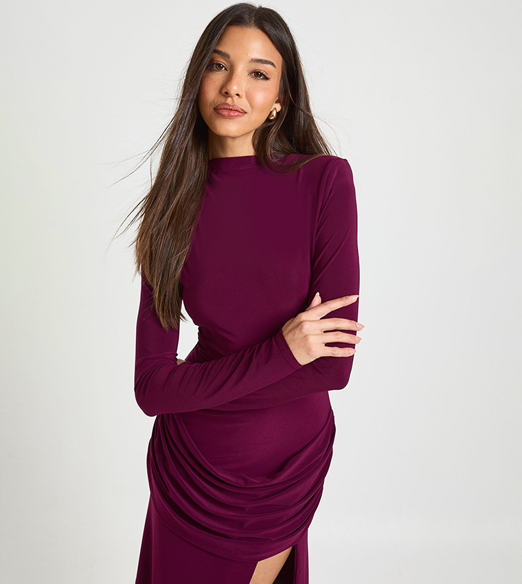 Slinky Shoulder Pad Drape Detail Maxi Dress