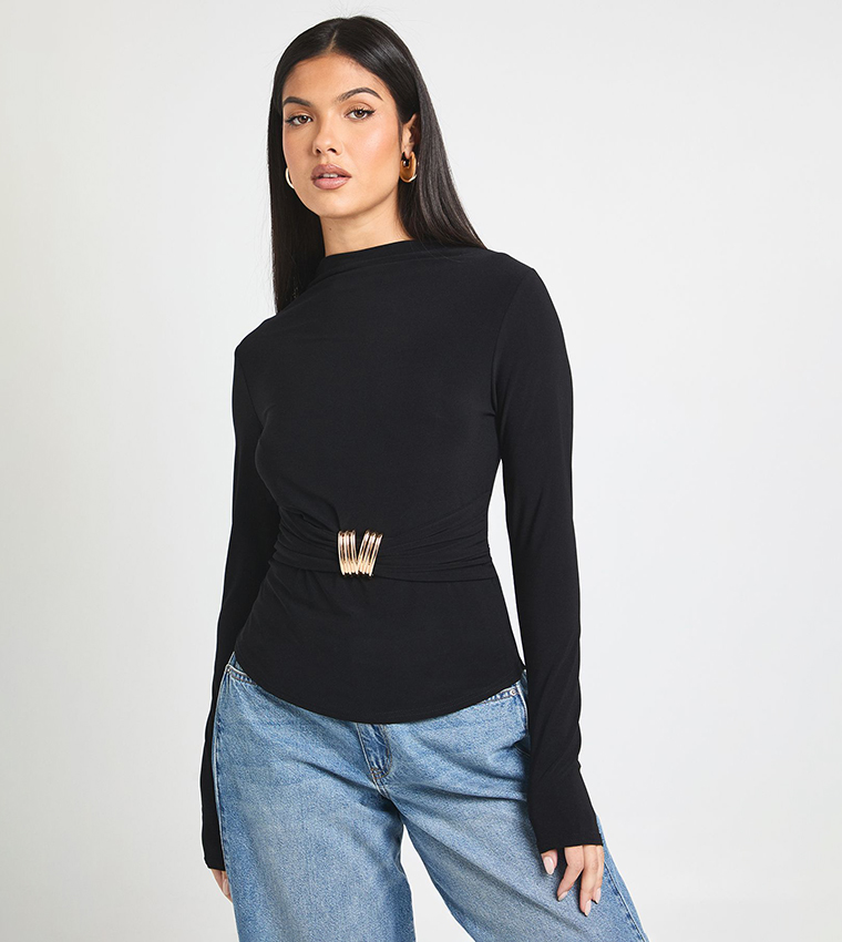 Trim Detail Grown On Neck Long Sleeves Top