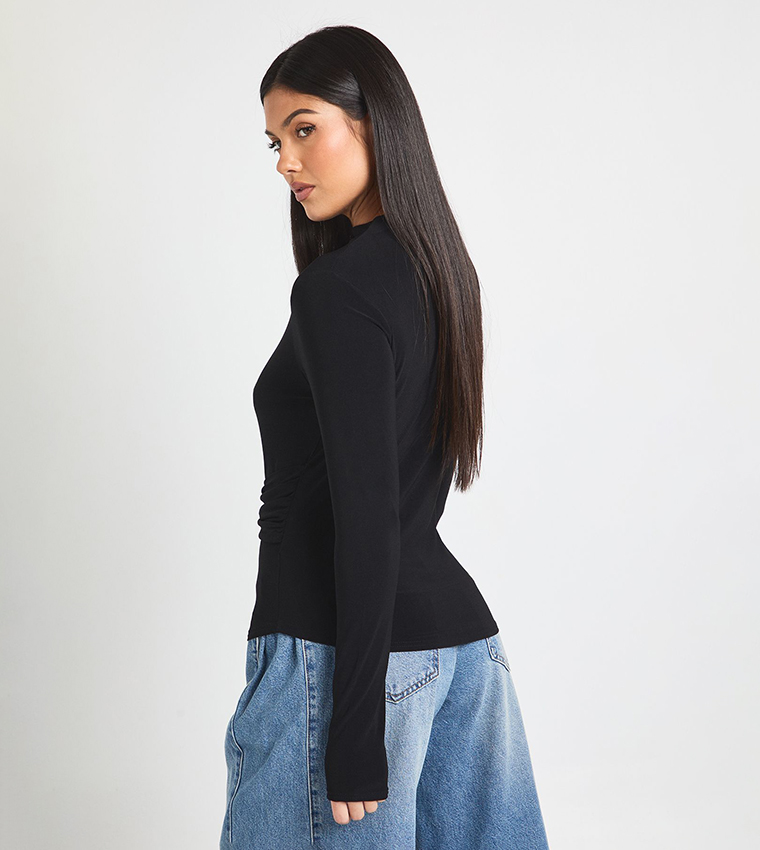 Trim Detail Grown On Neck Long Sleeves Top
