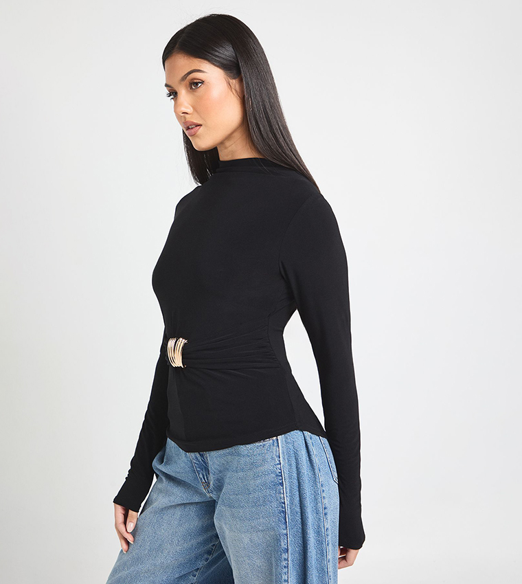Trim Detail Grown On Neck Long Sleeves Top