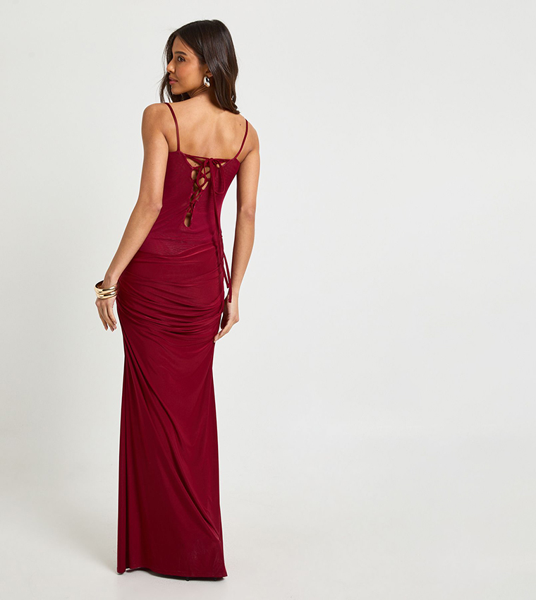 Drape Front Lace Up Back Maxi Dress