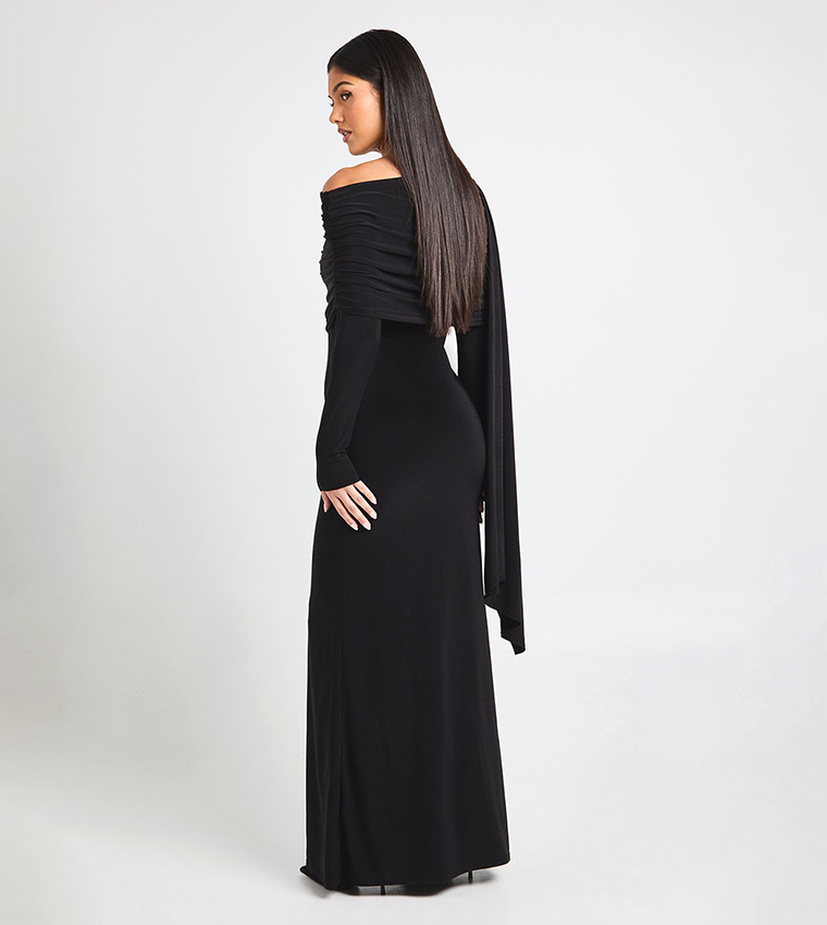 Drape Detail Asymmetric Neck Maxi Dress