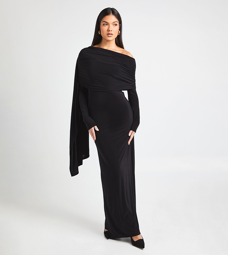 Drape Detail Asymmetric Neck Maxi Dress
