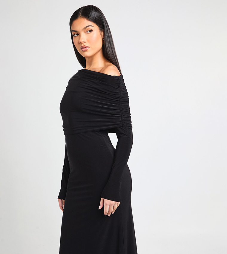 Drape Detail Asymmetric Neck Maxi Dress