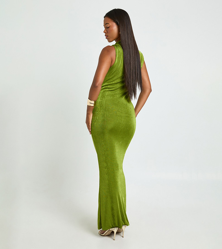 Acetate Slinky Twist Neck Maxi Dress