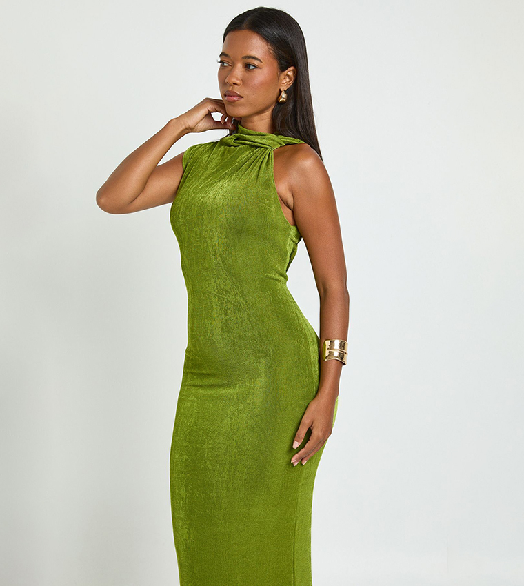 Acetate Slinky Twist Neck Maxi Dress