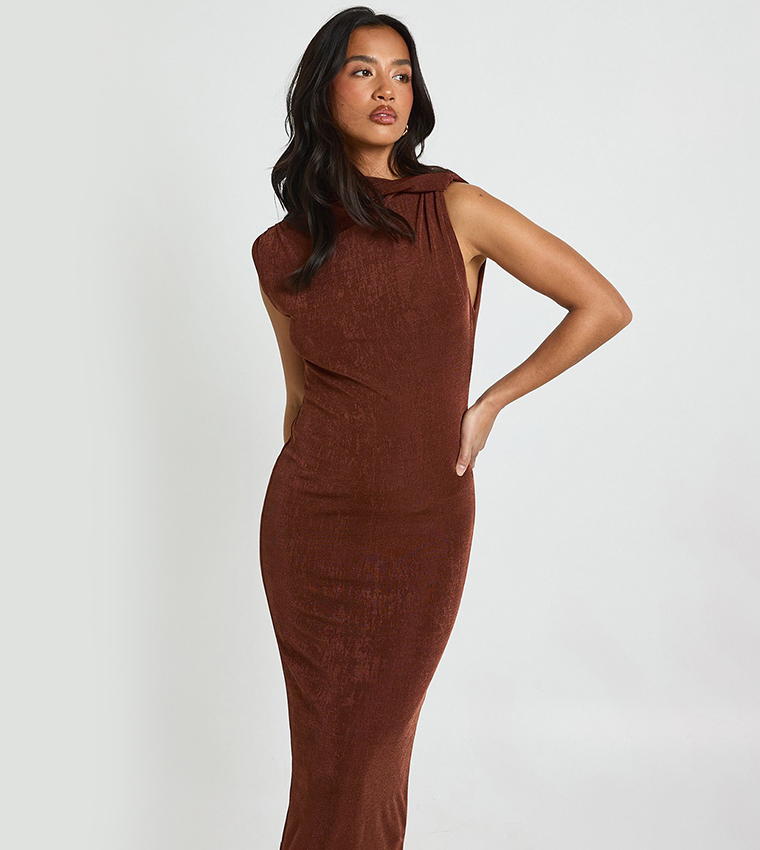 Petite Acetate Slinky Twist Neck Maxi Dress