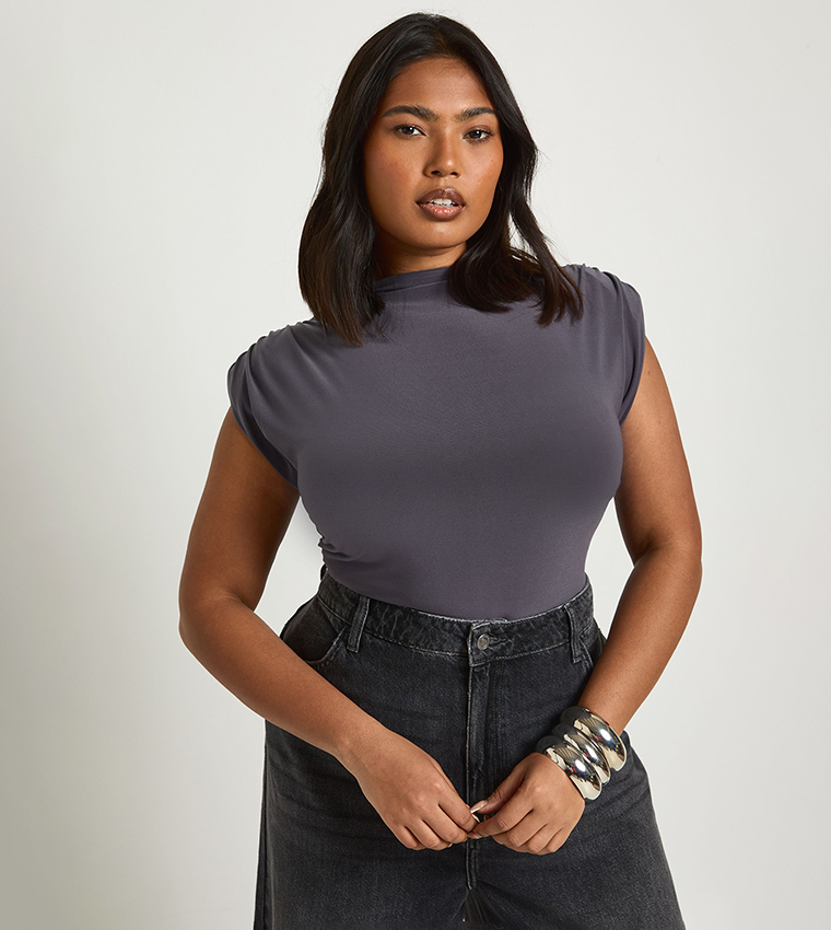 Buy Boohoo Curve Shoulder Pad Sleeveless Top In Charcoal