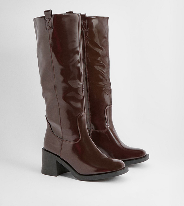 Patent Low Block Heel Knee High Boots
