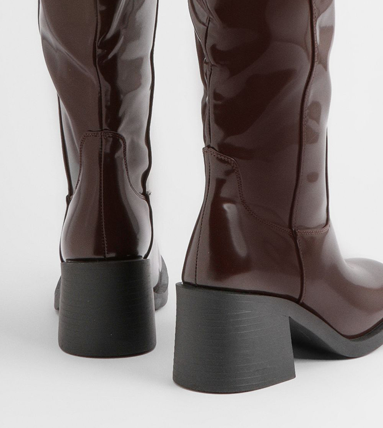 Patent Low Block Heel Knee High Boots