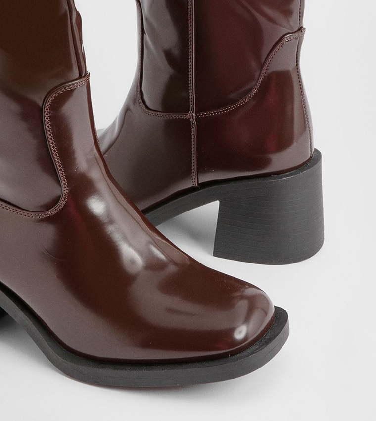 Patent Low Block Heel Knee High Boots