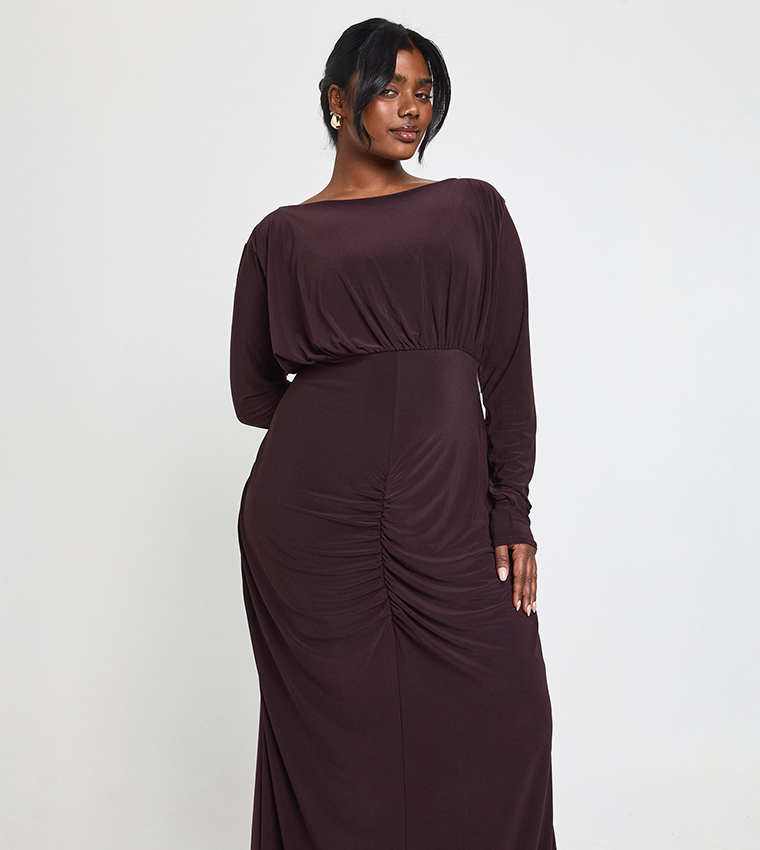 Buy Boohoo Curve Slinky Ruched Detail Maxi Dress In Brown