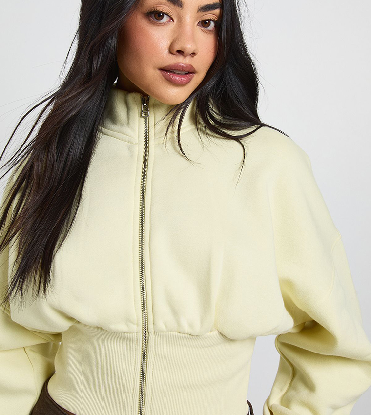 Funnel Neck Cinched Waist Zip-Through Jacket