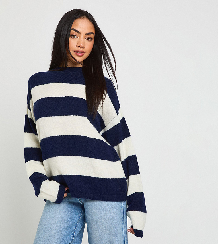Striped Soft Knit Crew Neck Sweater
