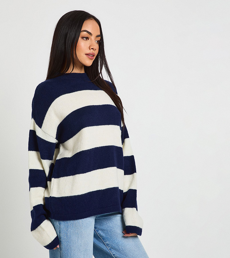 Striped Soft Knit Crew Neck Sweater