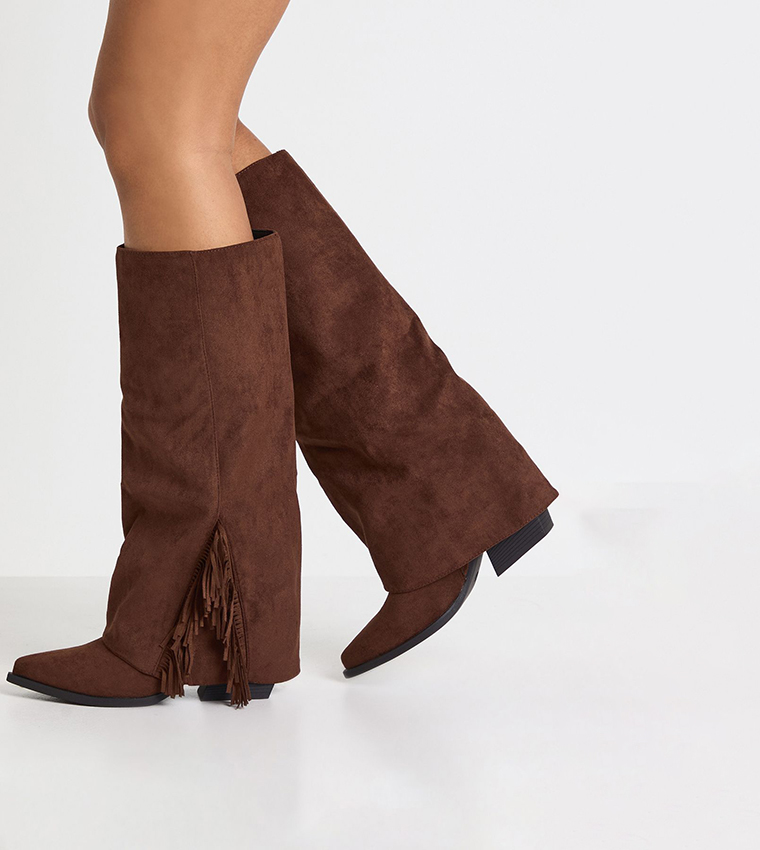 Faux Suede Fringe Detail Fold Over Knee High Boots