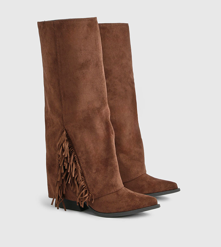 Faux Suede Fringe Detail Fold Over Knee High Boots