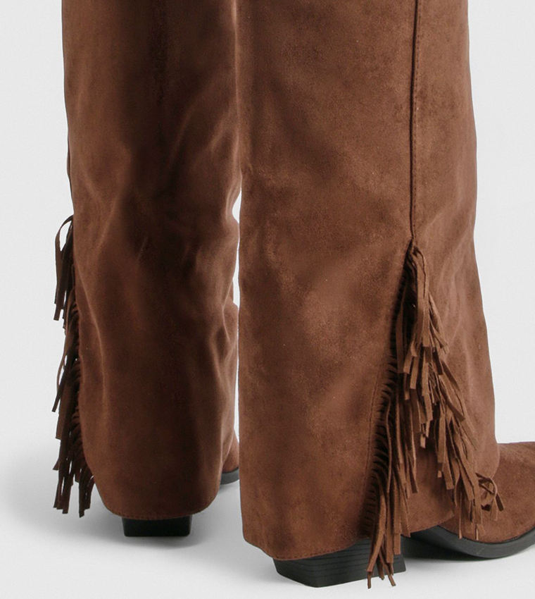 Faux Suede Fringe Detail Fold Over Knee High Boots