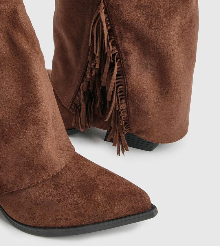 Faux Suede Fringe Detail Fold Over Knee High Boots