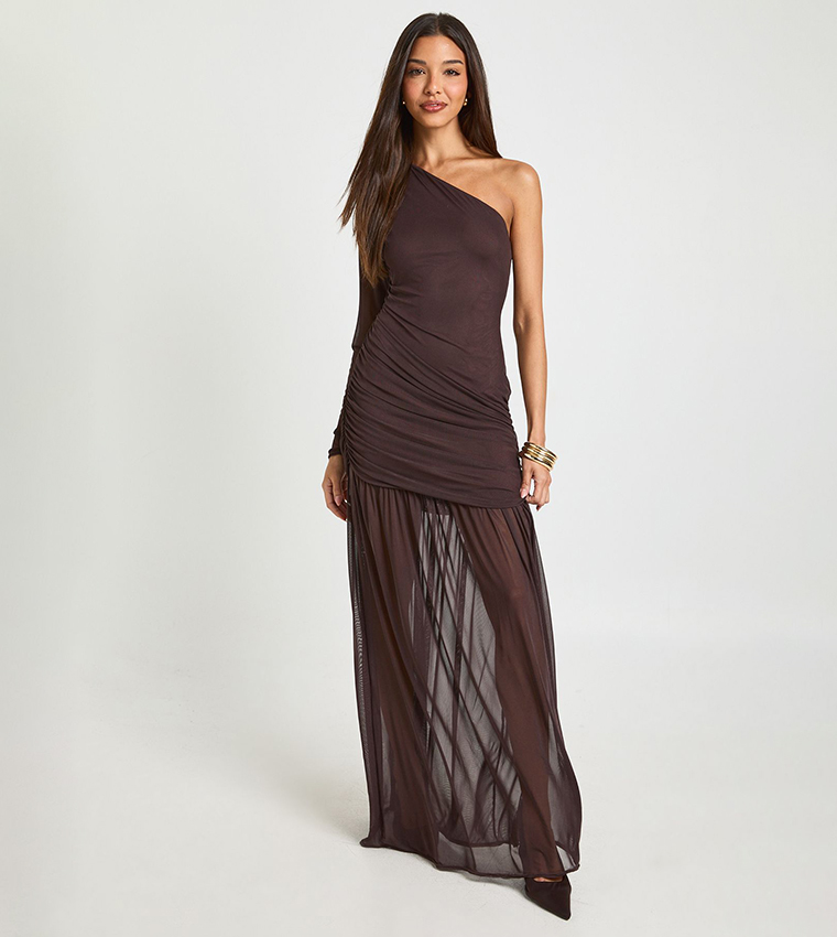 فستان ماكسي شبكي مزموم وان شولدر