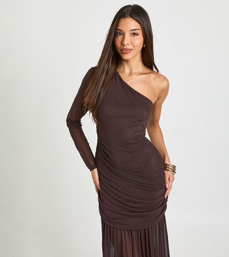 فستان ماكسي شبكي مزموم وان شولدر