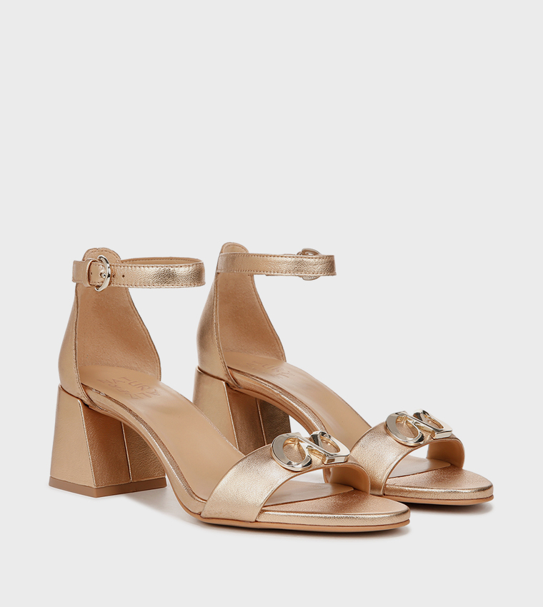 NAVERA-LOGO Metal Accent Ankle Strap Block Heel Sandals