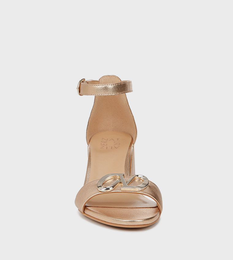 NAVERA-LOGO Metal Accent Ankle Strap Block Heel Sandals