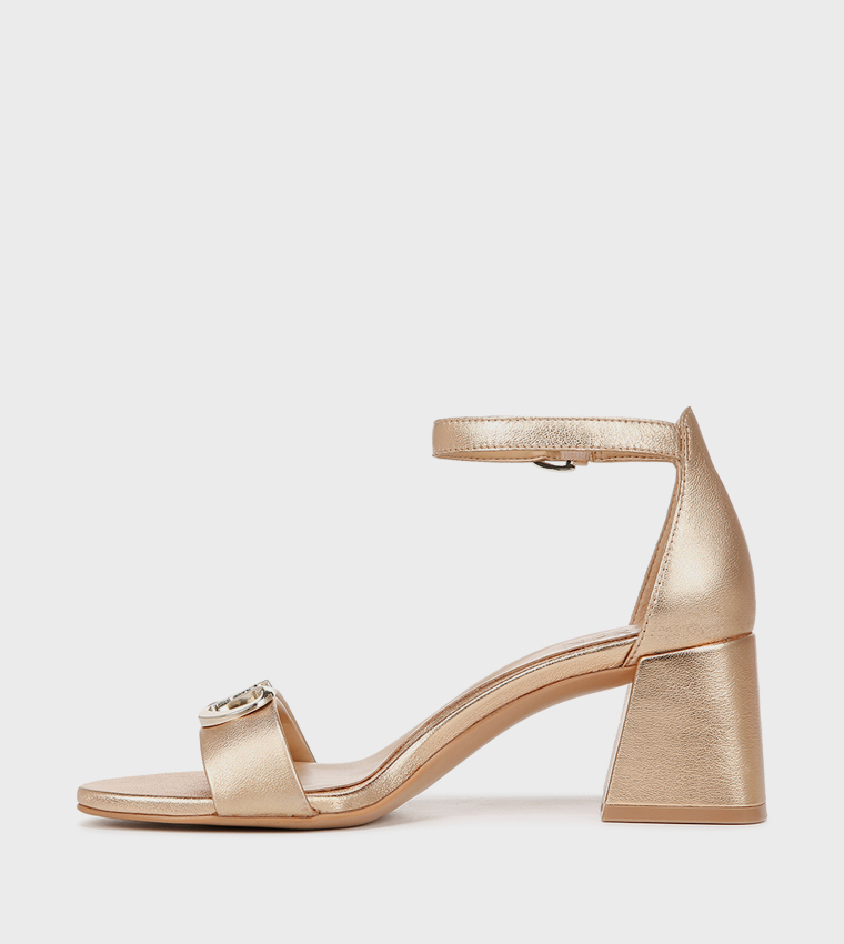 NAVERA-LOGO Metal Accent Ankle Strap Block Heel Sandals