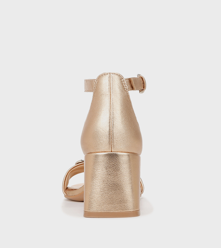 NAVERA-LOGO Metal Accent Ankle Strap Block Heel Sandals