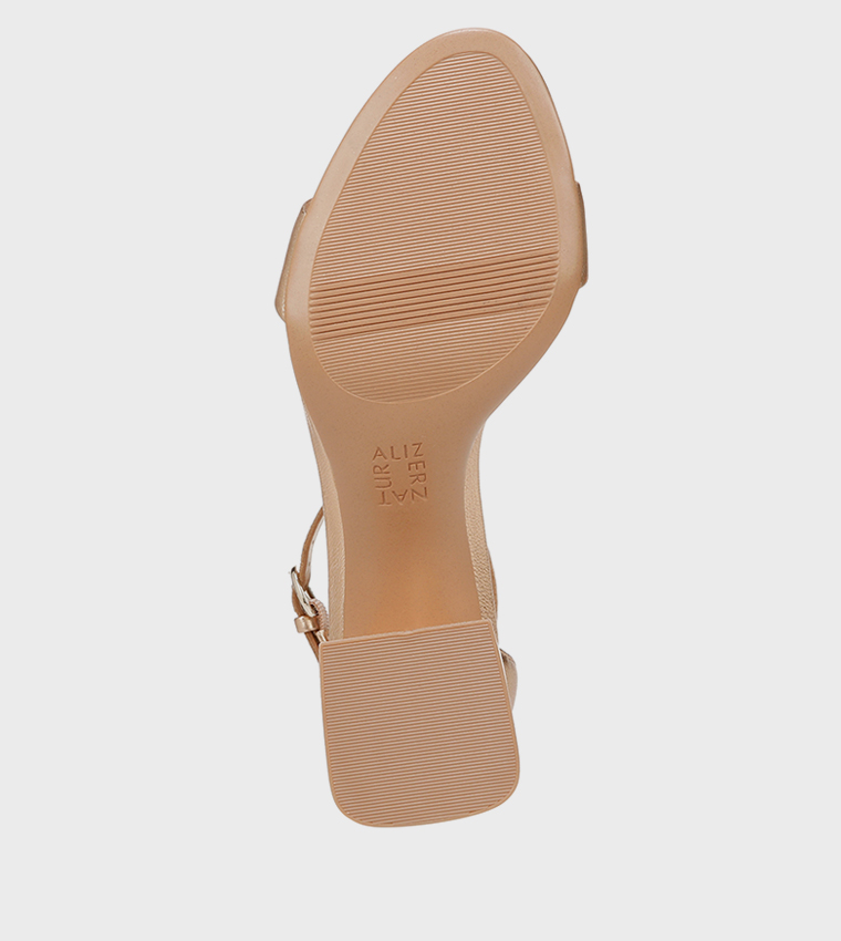 NAVERA-LOGO Metal Accent Ankle Strap Block Heel Sandals