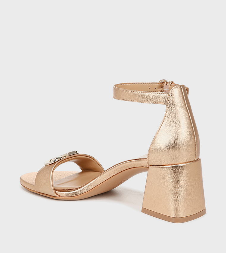 NAVERA-LOGO Metal Accent Ankle Strap Block Heel Sandals
