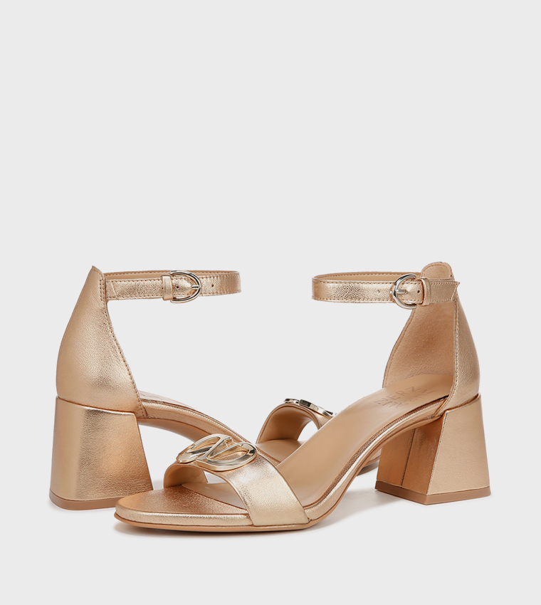 NAVERA-LOGO Metal Accent Ankle Strap Block Heel Sandals